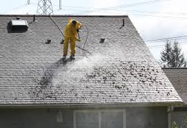 Technician cleaning roof with pressure washer in Northern Virginia